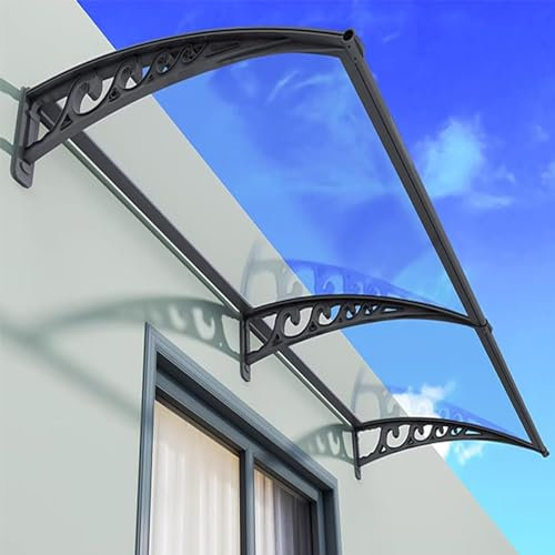HENGCMM Vordach für Haustür Überdachung, Überdachung Haustür aus Aluminium und Polycarbonat, Haustür Vordach für draußen Sonnenschutz Regenschutz, Transparente & Schwarze Halterung,80×360cm/32×142in
