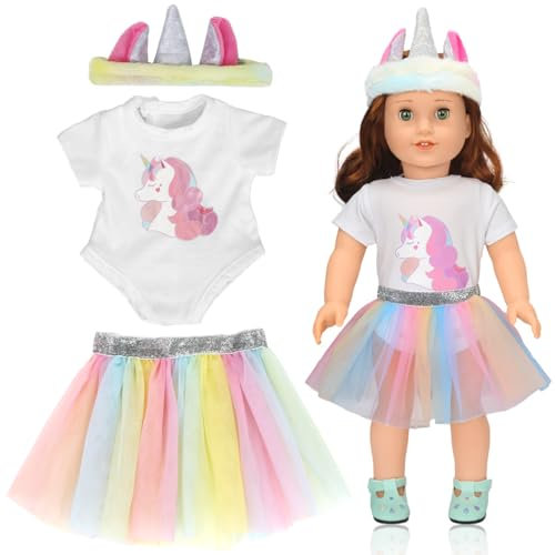 Puppenkleidung und Outfits für Baby Puppen - Puppenzubehör mit Einhornmuster Strampler und Stirnband - Geschenke für Mädchen und Jungen