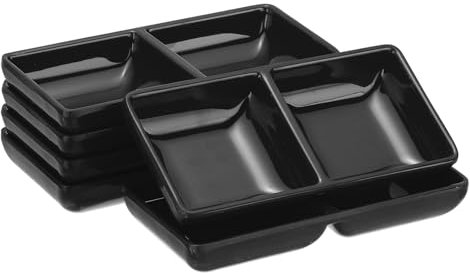 sourcing map 6Pcs MF Square Dipping Bowls, Small Black Side Dish Bowls with 2 Compartment Divided Seasoning Plate Soy Dishes for Condiment Desserts Home BBQ Party Picnic Restaurant