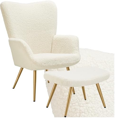 tectake® Skandinavischer Stil Ohrensessel, Sessel Hygge mit Hocker, Breitcordbezug, Sessel Wohnzimmer, Schlafzimmer, Esszimmerstuhl, Statement Loungesessel, belastbar bis 150 kg - Bouclé Creme/Gold