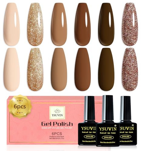 Yueshop Brown Gel Nail Polish Set - 6 Colors Nude Coffee Dark Glitter Sparkly Gold Autumn UV Soak Off Varnish for Manicure Nail Art Salon, 8ML