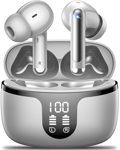 Monyhigh Wireless Earbuds,Bluetooth Earphones in Ear with 4 Mic ENC Call Noise StereoBluetooth Earbuds Dual LED Display, IP7 Waterproof, Grey