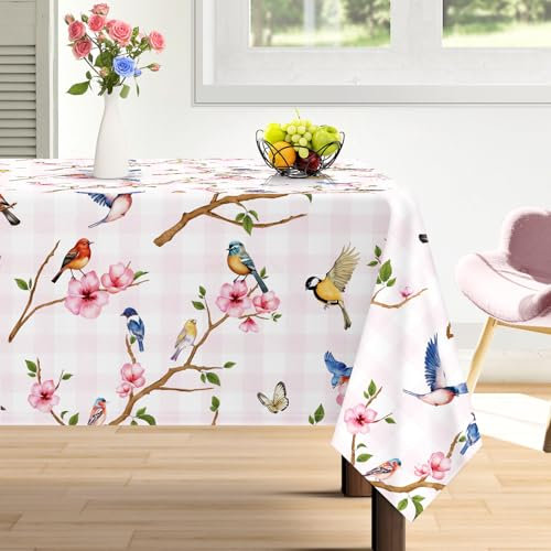 Arquiel Tischdecke Vogel, Tischdecken Rosa Blume Abwaschbar Wasserabweisend Rechteckige Tischtuch Tischdeck für Abendessen Haus Küche Esszimmer Party Dekoration FrüHling/Sommer(152 x 264 cm)