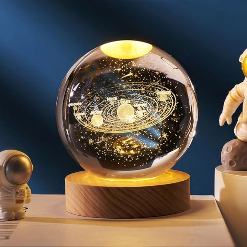 AMFUN 3D Luz Nocturna con Bola de Cristal, Sistema Solar de Meteoritos Esferas Curativas Naturales, Lámpara de Bola LED con Base de Madera, para Ideas de Decoración de Oficina en Casa