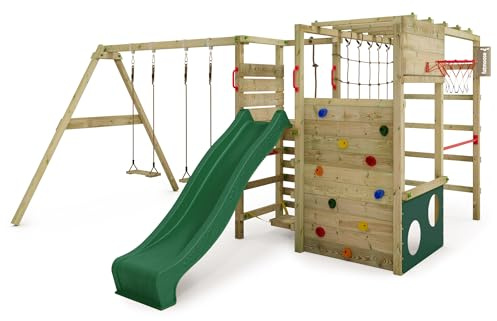 FATMOOSE Aire de Jeux ActionArena Air XXL portique en Bois avec balançoire et Toboggan, Tour d'escalade pour Enfants avec bac à Sable, échelle et Accessoires de Jeu pour Le Jardin. (Vert)
