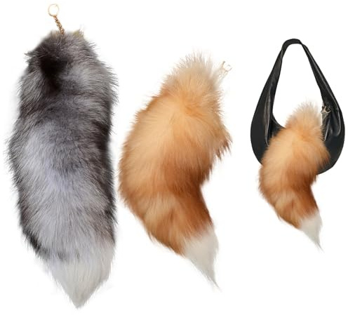 CNAFGBGG 2pcs Fox Tail 16inch Tail Meuve-clés Furry Faux Fur Furry avec Fermoir réaliste décoratif Thérian pour Sac à Main Cosplay, Argent + Or.