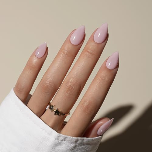 KQueenest Dusty Pastel Pink Press on Nails Short Almond, Short False Nails with Glue, Solid Nude Pink Fake Nails Press ons Stiletto, Glossy Opaque, Reusable Soft Gel Stick on Nail for Women, 30 Pcs