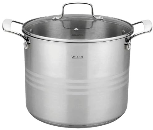 Valore Suppentopf aus Edelstahl mit Glasdeckel, 5-lagiger Suppentopf zum Kochen & Einkochen, robuster großer Kochtopf mit gebürstetem Edelstahl-Finish und genieteten Griffen, 12 l