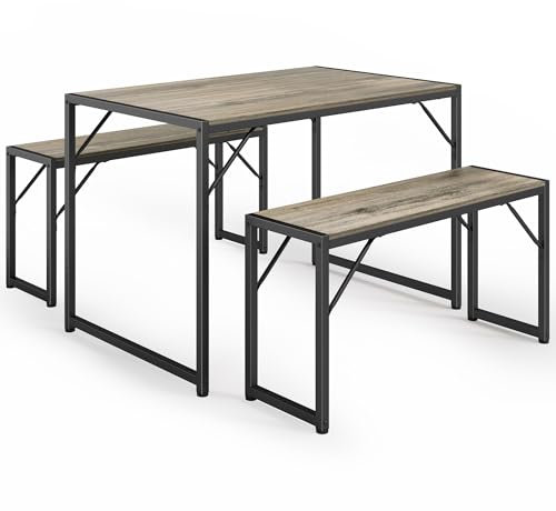 Bealife Esstisch 3er-Set, Küchentisch mit 2 Bänken, platzsparend, stabiles Stahlgestell, 3-teilig, höhenverstellbare Tischfüße, Pflegeleichte Oberfläche, für Esszimmer und Küche (Grau)