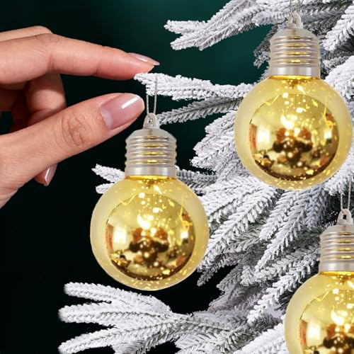 GUOCHENG 10Pcs Light-up Baubles for Tree, Christmas Hanging Gold Bulbs Pendants, Glittering Snow Globe for Christmas Tree Decorations-Gold