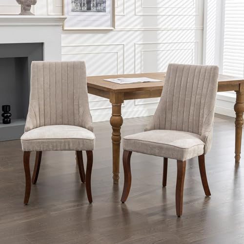 FINTHOMING Esszimmerstühle 2er Set, Essstühle 2er Set mit Geschwungenen Massivholzbeinen, Bequemer Chenille-Stoff Esszimmerstuhl, Belastbarkeit 150kg, Beige