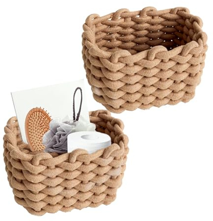 Geflochtene Baumwolle Strickkorb,2 Stück Aufbewahrungskorb Geflochten,19x15x12cm Kleiner Korb Geflochten Baumwolle Für Schreibtische, Frisiertische und Badezimmer(Khaki)