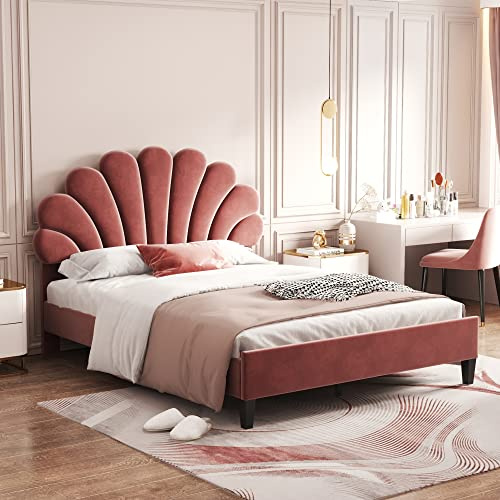 Naptly Polsterbett Doppelbett 140x200 cm blumenförmiges Kopfteil Lattenrost hautfreundlicher Samtstoff modernes Jugendbett Erwachsenenbett Gästebett Bohnenpaste rot