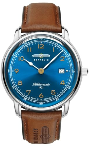 Zeppelin 9640-3 Méditerranée Herrenuhr für Herren – Quarzwerk, Edelstahlgehäuse, blaues Zifferblatt, Lederband, 40 mm
