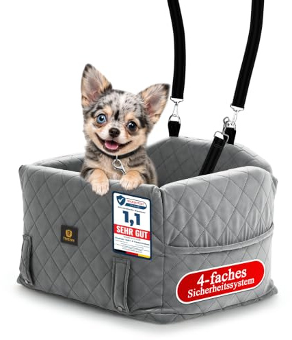TinyDogs Hunde Autositz für kleine bis mittlere Hunde, Premium Hundesitz Auto waschbar mit Sicherheitsleine, Dog car seat, Memory-Schaum Polsterung, Hundebett Auto für Vorder- und Rücksitz, Grau