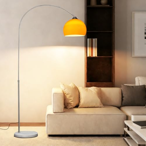 KlkrzJwy Orange Bogen-Stehlampe Mid-Century Modern Mit Naturmarmorsockel | Höhenverstellbar, Acryl-Kugelschirm, Dimmbare RGB-Lampe E27, Smart-App-Steuerung, Chromstiel Für Wohn-, Schlafzimmer Und Büro
