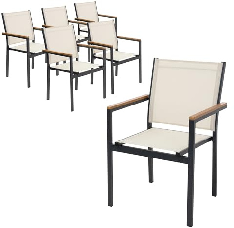 ML-Design Gartenstühle 6er Set mit Armlehnen in Holzoptik, Beige, Gartenstuhl aus Textilene, Terrassenstühle mit Aluminiumgestell, Balkonstuhl wetterfest/stapelbar, Sessel für Garten Balkon & Terrasse