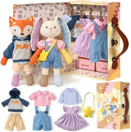 vamei Kuscheltier Kaninchen und Fuchs Puppen Plüschtiere, Anzieh Kleiderschrank mit Tragekoffer Puppenkleidung Koffer, Geschenk Spielzeug ab 3 4 5 6 Jahre Mädchen