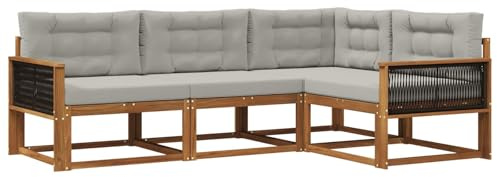 vidaXL Outdoor-Sofagarnitur mit Kissen 4 pcs Natur und Hellgrau, Anpassbare Gartenmöbel, modernes Patio-Sofa, gemütliche Sitzgruppe, wetterfest und robust