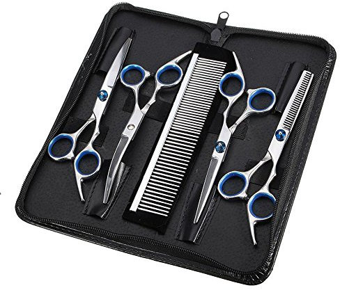 Hundeschere Fellschere für Hunde Katze 5-in-1 Scharfe Gebogene Schere Set Dog Grooming Set für Gesicht, Körper, Ohren