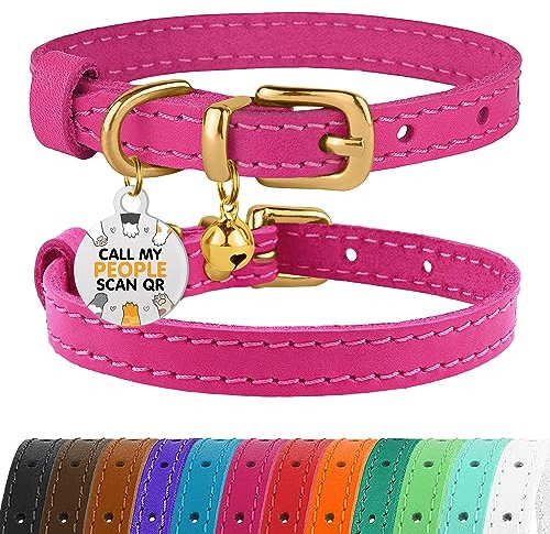 BRONZEDOG Katzenhalsband aus Leder mit Schnalle, verstellbar, für kleine Haustiere, für Kätzchen, schwarz, braun, pink, rot (Rosa, 23 – 28 cm)