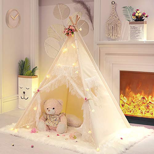 TreeBud Spitze Tipi Zelt für Mädchen Tipi Zelt Elfenbein Leinwand Klassisches Spielzelt/Haus drinnen für Kinder Kleinkinder Raumdekor
