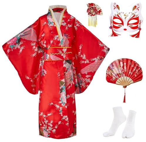 KRUIHAN Kimono Niña Vestido Japonés Yukata Bata de Satén para Niños Bata de Kimono para Fiestas de Boda,Juego de Disfraces Cosplay Infantil con Abanico,Calcetines Tabi,Máscara y Horquilla,Rojo,140
