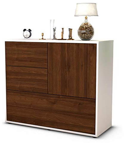 Stil.Zeit Sideboard Deanna, Korpus Weiss matt, Front Holz-Design Walnuss (92x79x35cm) Push-to-Open Technik & Leichtlaufschienen
