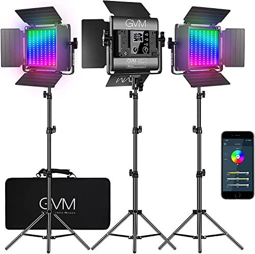 GVM LED Video Light con trípode, 800D RGB Studio Light APP Control, Kit de luces de película para YouTube y Fotografía - 3 paquetes de panel con 8 efectos luminosos