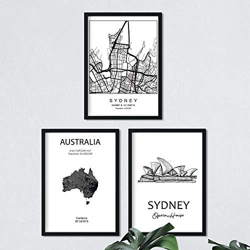 Pack von Plakaten und Denkmäler Ländern. Sydney Stadtplan, Karte Denkmal Harbour Bridge Australien B. Größe A4
