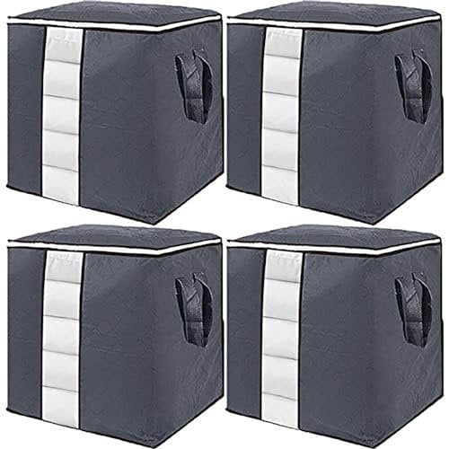 GoMaihe Aufbewahrungstasche 4 Set, Faltbare Aufbewahrungsbox mit Deckel Kleideraufbewahrung Groß, kleiderschrank Organizer mit Reißverschluss Griff Aufbewahrung Boxen für Bettdecken Kleidung Decken