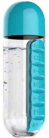 Calayu Botella de agua 2 en 1 con pastillero, a prueba de fugas, 600 ml, con pastillero portátil de viaje y medicamentos