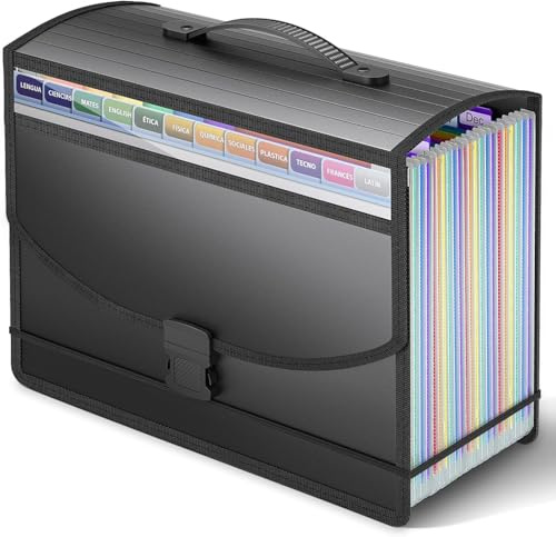 Boîte de rangement à 25 poches avec poignée pour documents A4, boîte de classement extensible pour la maison, l'école, le bureau, 2 onglets