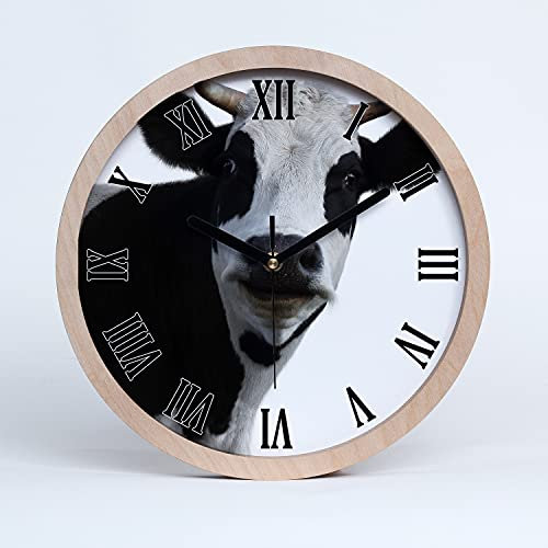 Tulup Holzuhr Wanduhr ⌀ 25cm Uhr Holz Stille Uhren Modern Runde Dekoration Schwarze Uhrzeiger - Parti-farbige Kuh