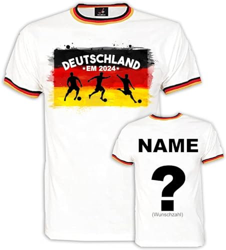 Deutschland Fan T-Shirt personalisiert mit Wunsch-Name und Nummer +Fahne für die Fußball EM 2024 / WM für Damen und Herren (Unisex) L