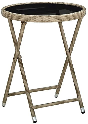 (Blitzlie ferung)Balkon Runder Tisch | Glastischplatte | Klappbares Design | Gartentisch | Campingtisch | Beistelltisch | Liege-Beistelltisch Beistelltisch Beige 60 cm Poly Rattan und Hartglas