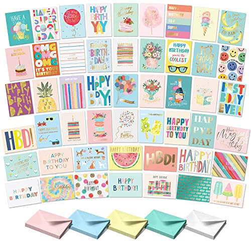 S&O Happy Birthday Cards with Envelopes and Assortment Box – Variety Set of 50 Assorted Birthday Notes. Perfect Bulk Pack for Celebrations, Office, Friends, Family, and Special Occasions