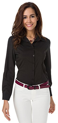 Atnlewhi Damen Bluse Hemd Basic Kent-Kragen Langarm Stretch Leisure Formelle Casual Business Arbeit Elegant Hemden - Schwarz - L