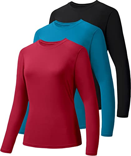 Holure 3er-Pack Damen Langarmshirts UPF50+ Sonnenschutz T-Shirts U-Ausschnitt Wandershirt Running Workout Performance Tee Schwarz/Blau/Rot XL