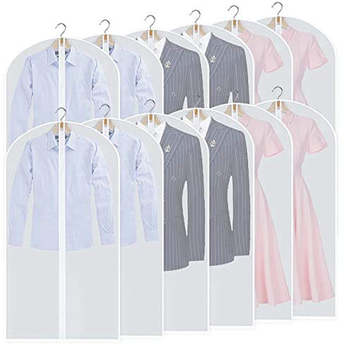12Pezzi Custodia Porta Abiti, 60×100cm Copriabiti Antipolvere Trasparenti, PEVA Lavabile Buste per Abiti, Copertura Vestiti con Cerniera, Custodie Copri Abiti per Smoking, Giacca, Camicie