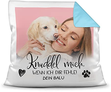 PfotenSchild Personalisiertes Foto-Kissen mit Füllung - Knuddel Mich, wenn ich dir fehle - mit Namen selbst gestalten - für Hunde, Katzen und andere Haustiere | Rückseite Hellblau