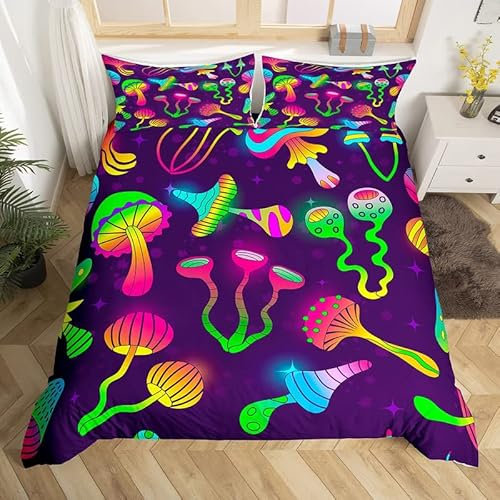 Feelyou Niedlicher Pilz-Bettbezug, Cartoon-Pilz-Bettwäsche-Set für Kinder, Jungen, Mädchen, Teenager, Dekor, Kawaii-Pilz, Trösterbezug, botanisch, psychedelisch, Regenbogen-Tagesdecke, Raumdekoration,