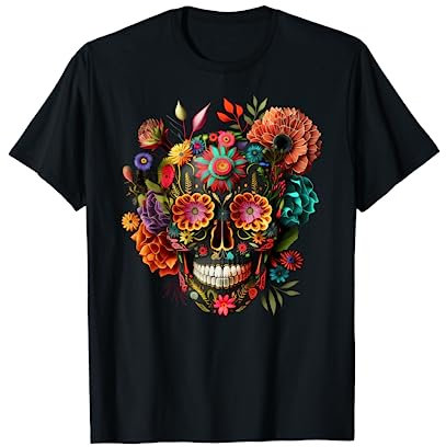 Bunter Mexikanischer Totenschädel Muster Blumen Halloween T-Shirt
