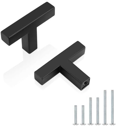 PinLin 5 Pack Kitchen Cabinet Door Handles Stainless Steel Bedroom Dresser Cupboard Pulls Single Hole Width 10mm Black Square T Bar Handle