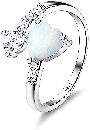 Krfy Silber Ringe für Damen Mädchen 925 Sterling Silber Offen Verstellbar Cubic Zirkonia Mondstein Opal Ringe Vintage Kunckle Daumen Herz Versprechen Hochzeit Ring Schmuck für Sie mit Geschenk-Box