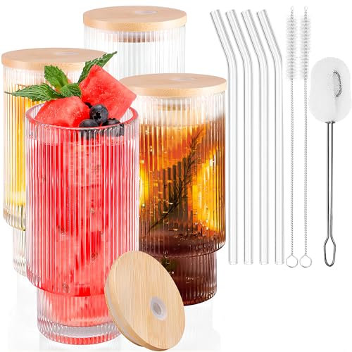 ALINK set de 4 verres à cocktail (475ml), chopes à bière, verres longs, chopes à café vintage striées avec couvercles et pailles pour café glacé, boissons