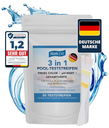 AGUALEVE® 3 in 1 Pool-Teststreifen 50 Stück *NEU* | Präzise, schnell & einfach messen: Gesamthärte, Freies Chlor, pH-Wert | Deutsche Markenqualität