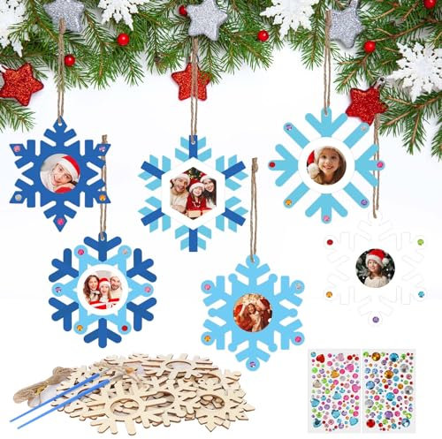 DKINY Weihnachten Holzfotorahmen für Kinder Schneeflocken Bilderrahmen aus Holz zum Basteln und Bemalen Weihnachtliche Holzbastelset und Fotos ankleben Geschenk für Kinder Weihnachten Neujahr Winter