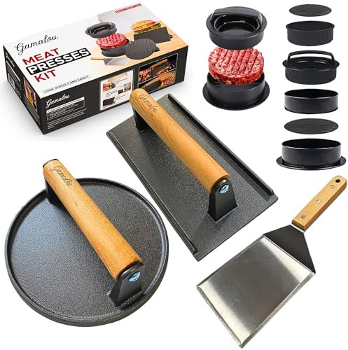 Smashed Burger Press BBQ Kit: 7 Round & 8.2x4.3 Rectangle Cast Iron Bacon Press, 3-in-1 Stuffed Patty Maker, Spatula 6x5”, Burger Press Griddle Set for Blackstone, Traeger, Grills, Fry Pan