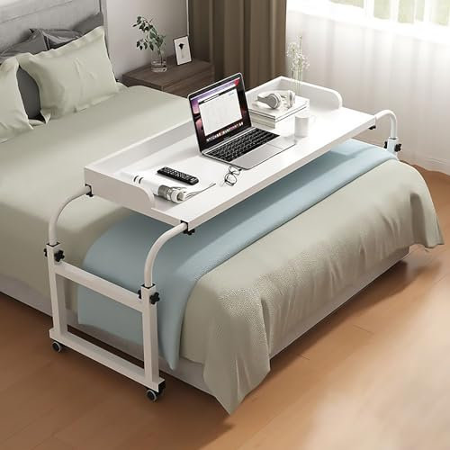 QTQHOME Adjustable Overbed Table with Wheels, Mobile Over Bed King Queen Laptop For Eating On Bed With Adjustable Length And Height Computer Table(140cm, White)